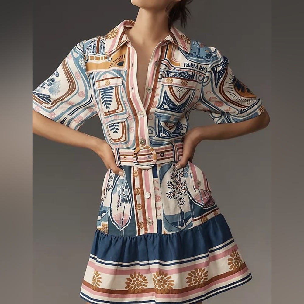 FARM Rio Cerrado Stamps Linen Mini Dress size L - Picture 2 of 9